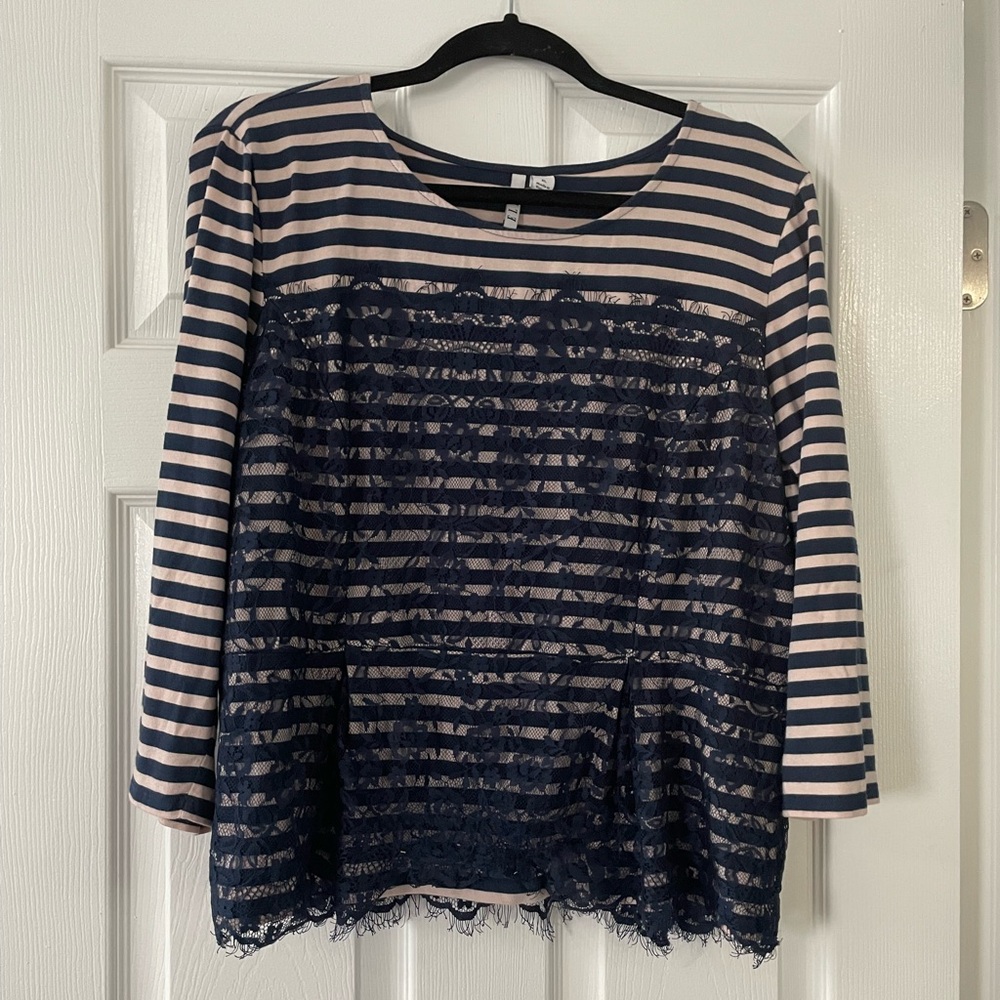 ELLE Navy and Pink Striped Lace Blouse